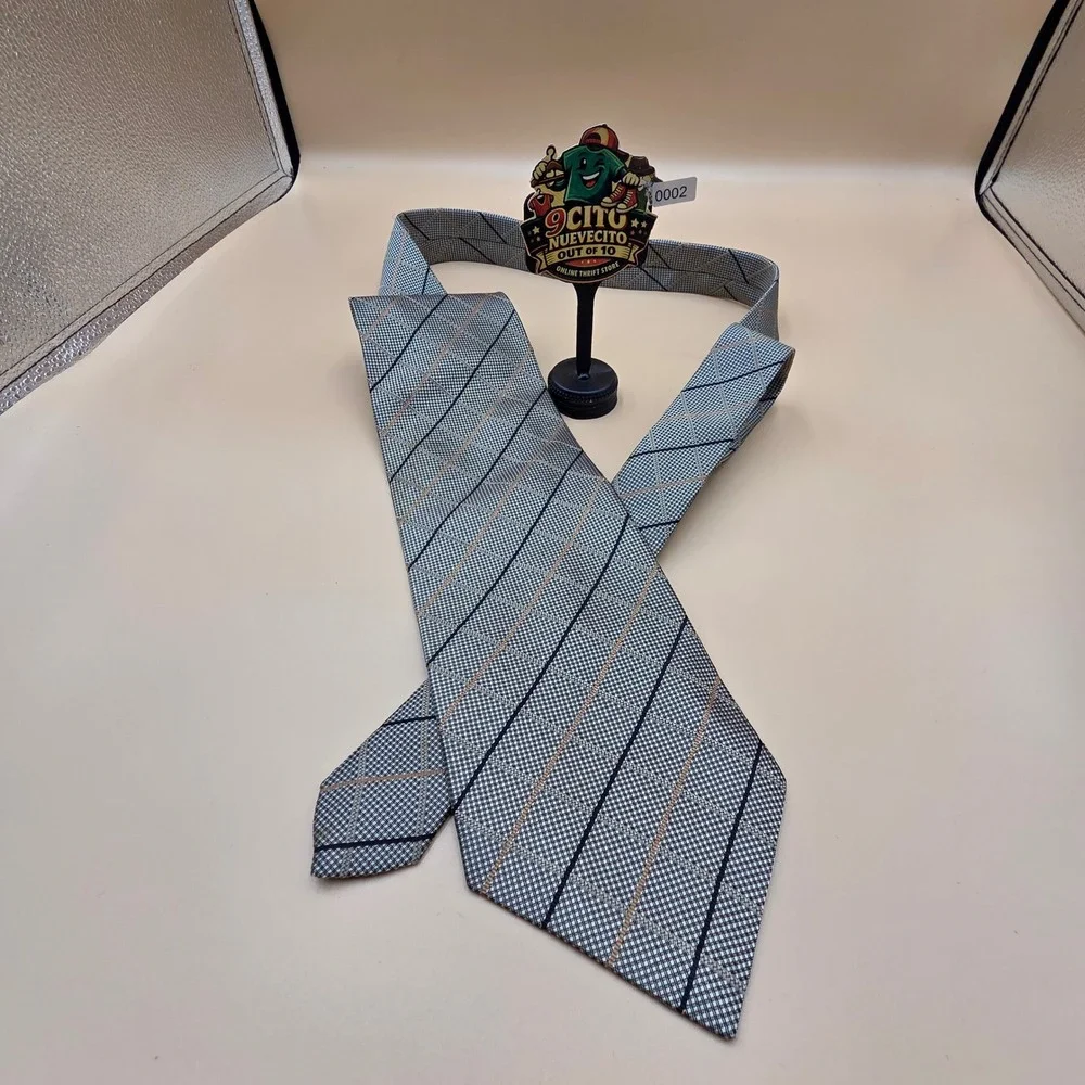 Valerio Garati Mens Silk Tie Grey Black Tan Grid Diagonal Stripe Handmade 4 Inch